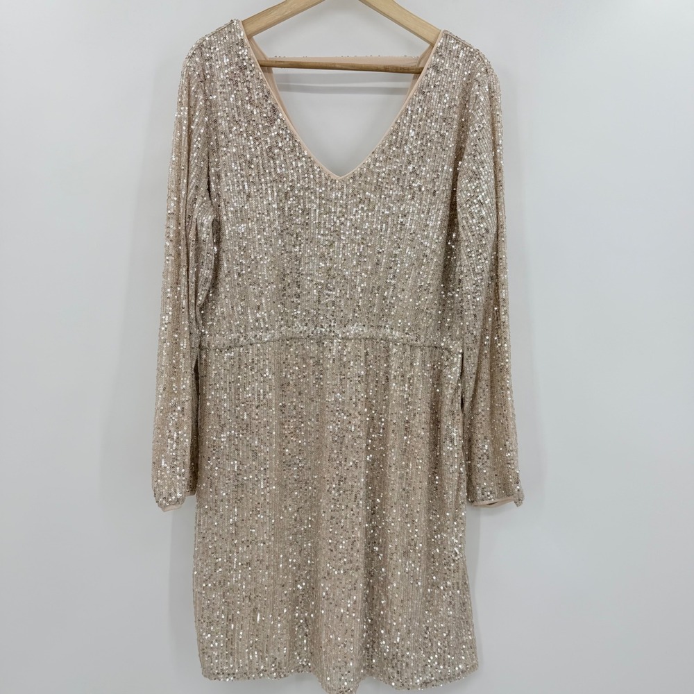 Maurices Womens XL Sequin V-Neck Mini Dress Champagne Gold Long Sleeve New NWT - Picture 2 of 5